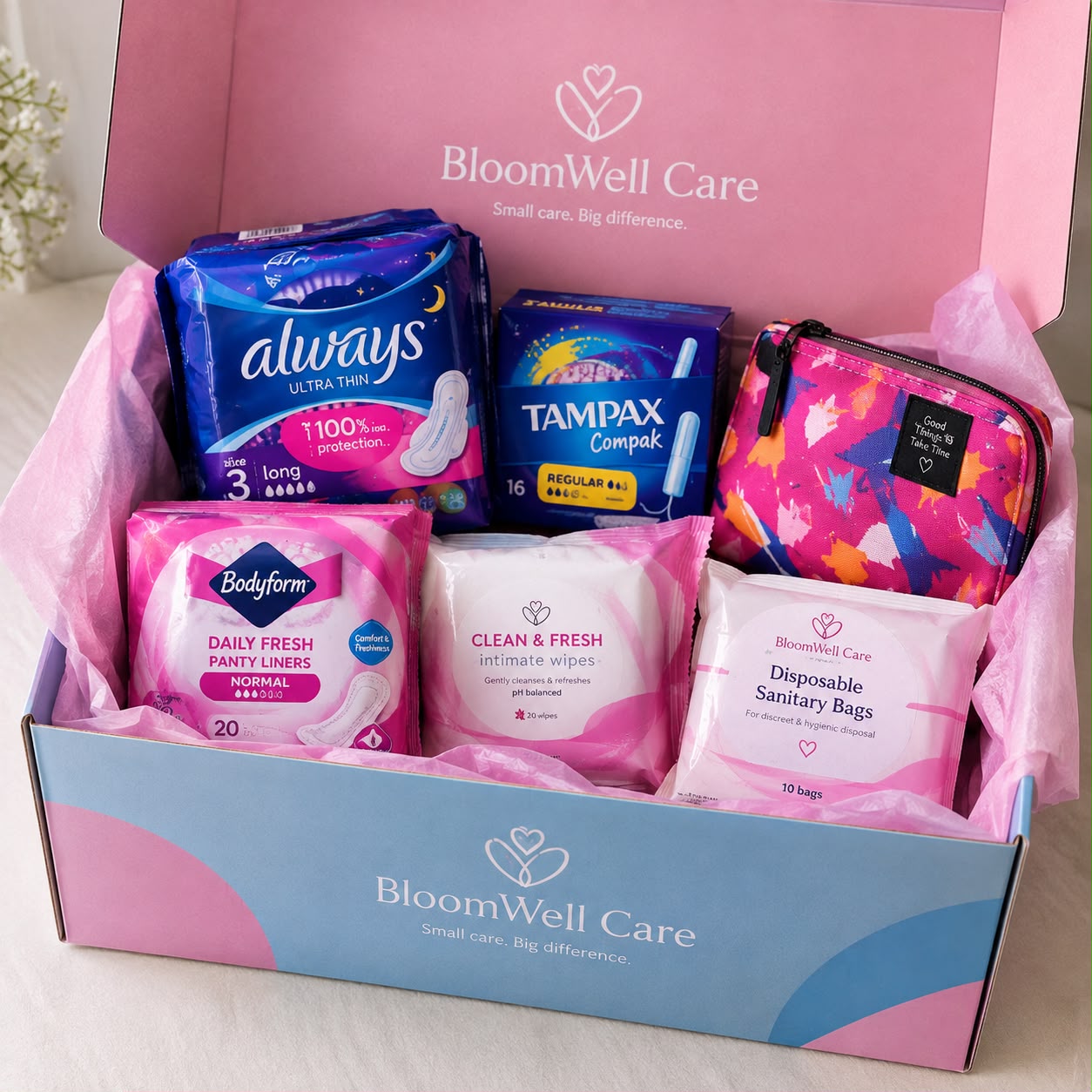 Essential Comfort Pack with pads, tampons, liners and wipes