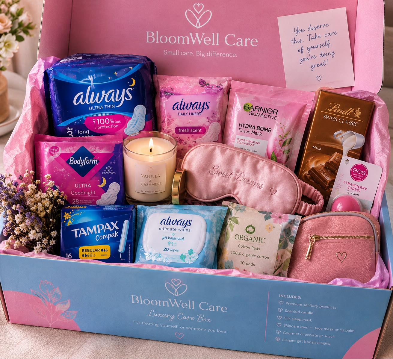 Luxury Care Box with a candle, silk sleep mask, face mask and chocolate