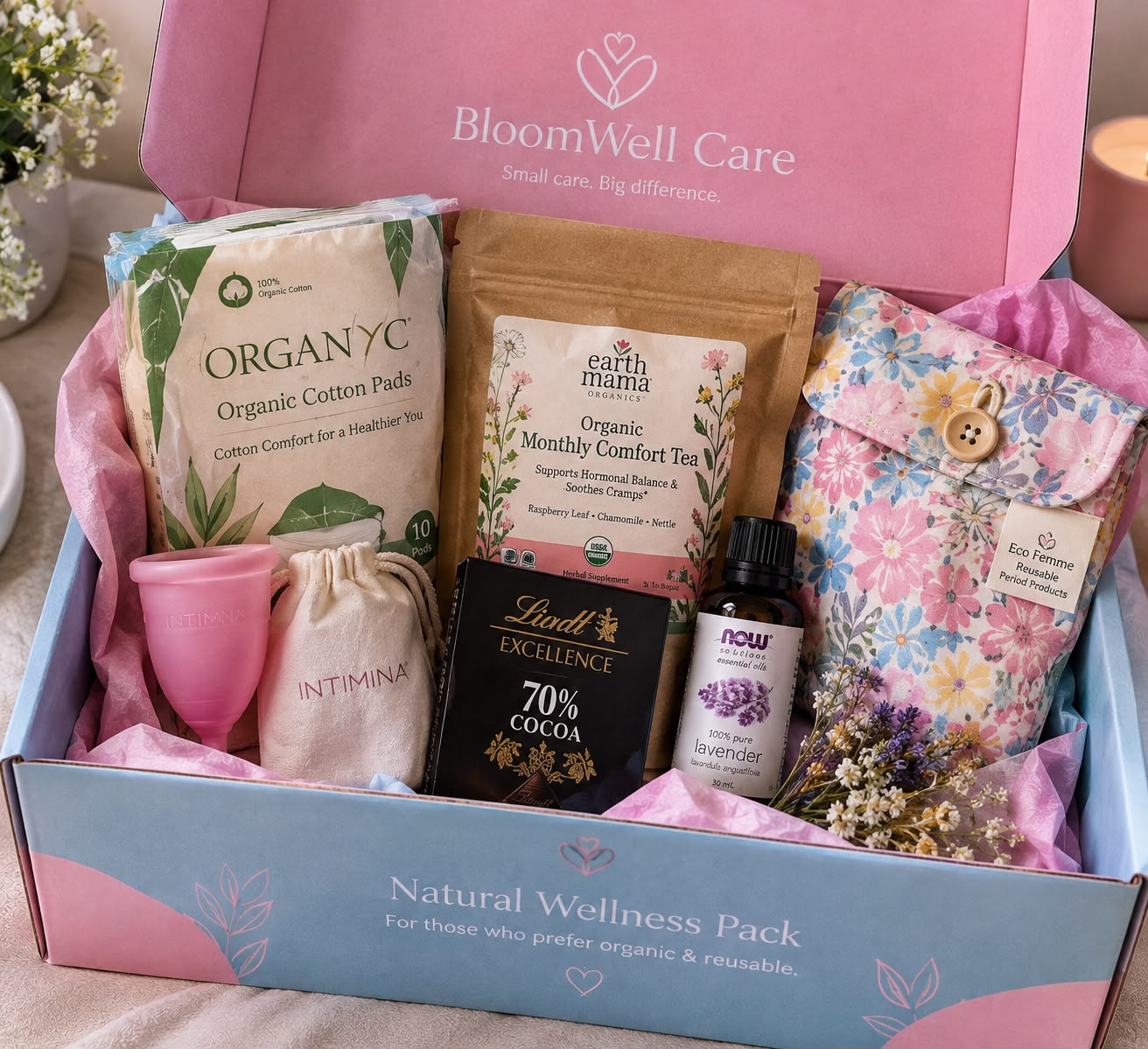 Natural Wellness Pack with organic pads, a menstrual cup and herbal tea